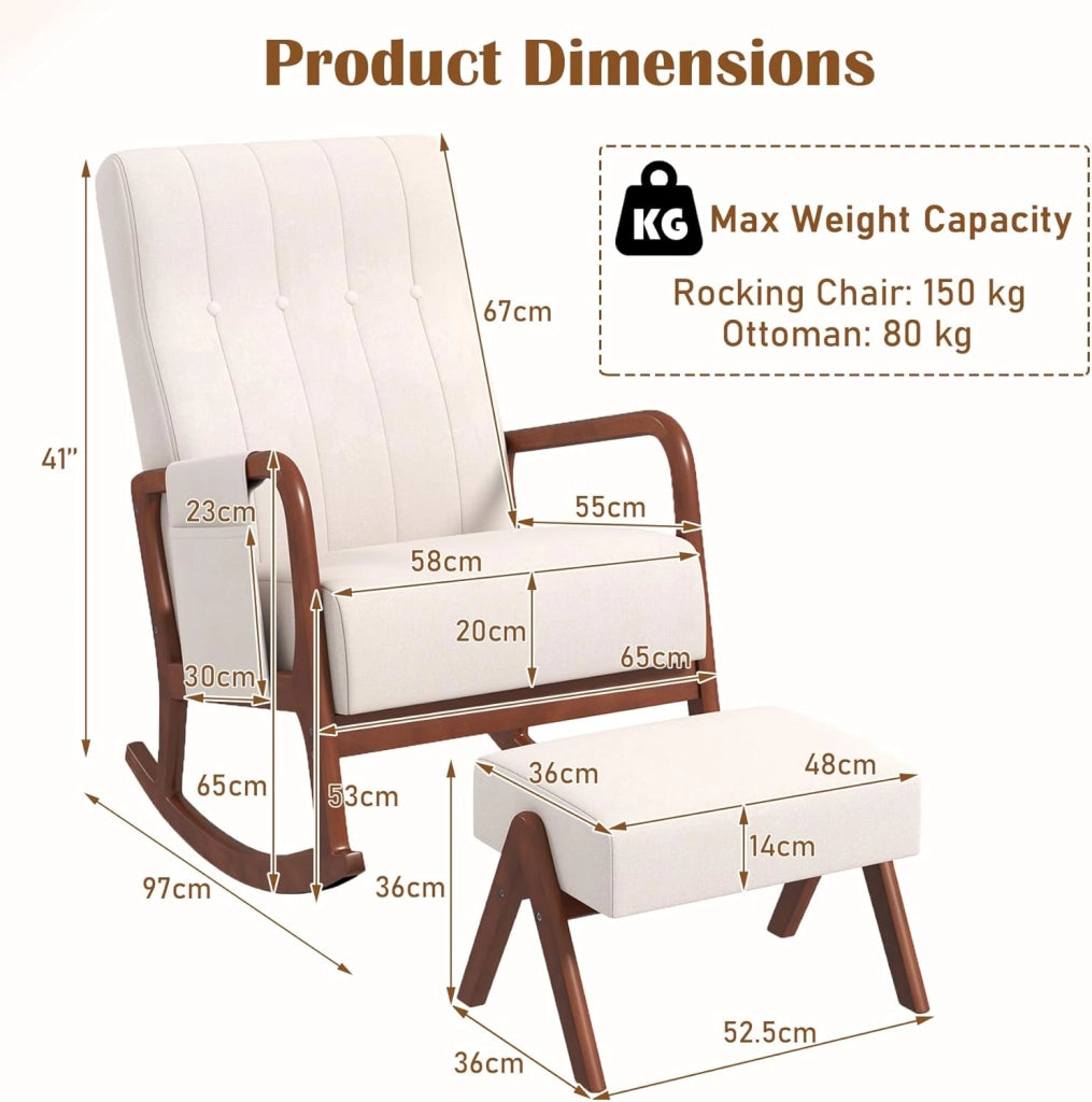 Poltrona a dondolo, Poggiapiedi, Sedia a dondolo, Braccioli confortevoli, Telaio in Legno di Eva, Schienale Curvo, Tasca Laterale Rimovibile, Sedia da Soggiorno, Carico 150 kg, Beige