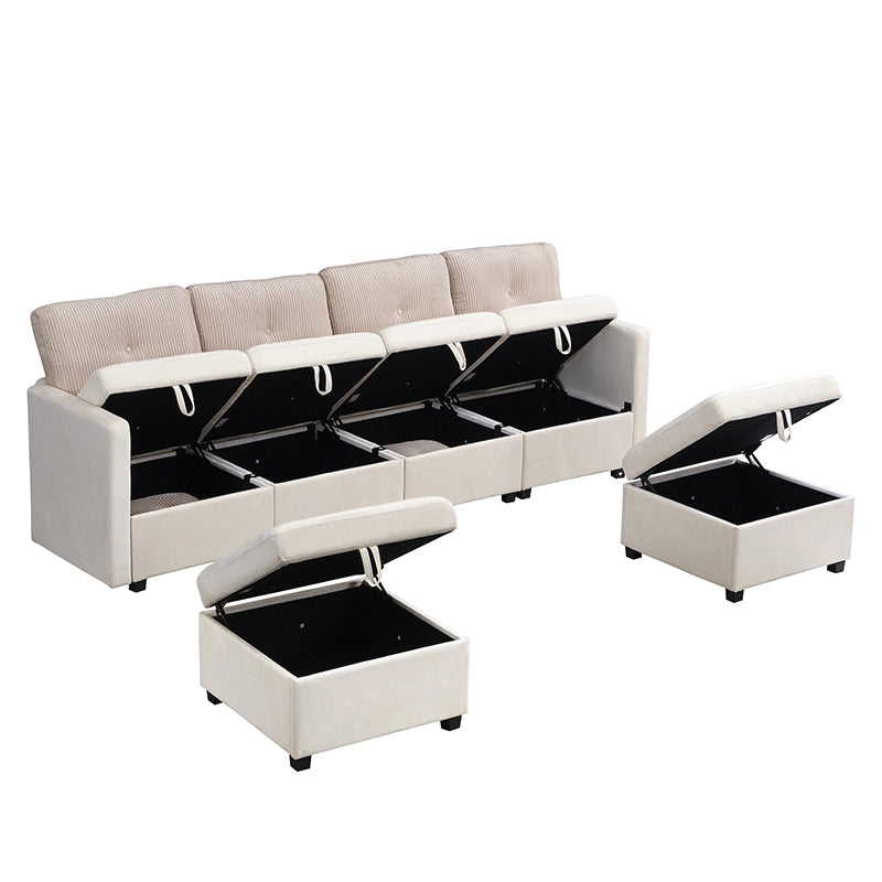 Divano angolare modulare 6 posti con contenitore ¨C MINIMAL ¨C Velluto e tessuto, trasformabile in chaise longue
