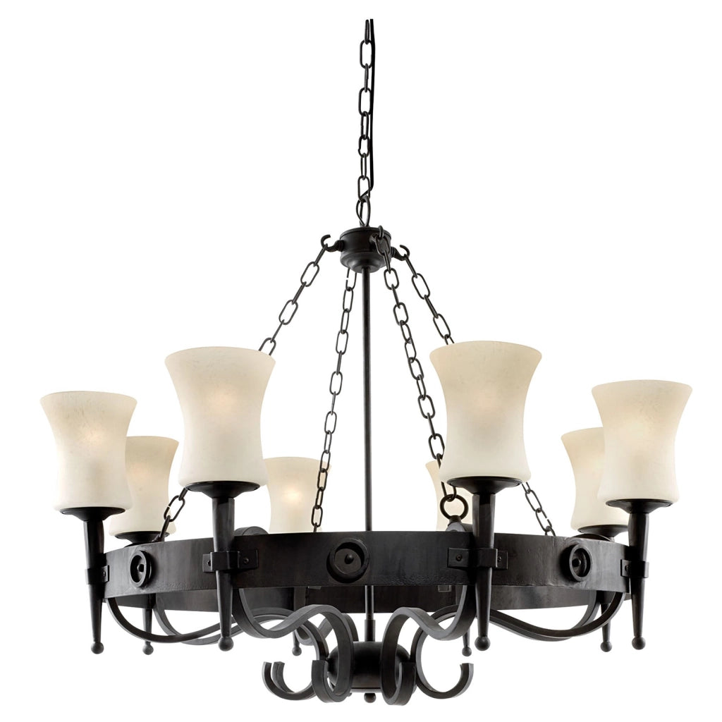 Lampadario Classico Cartwheel Acciaio Nero Vetro 8 Luci E27