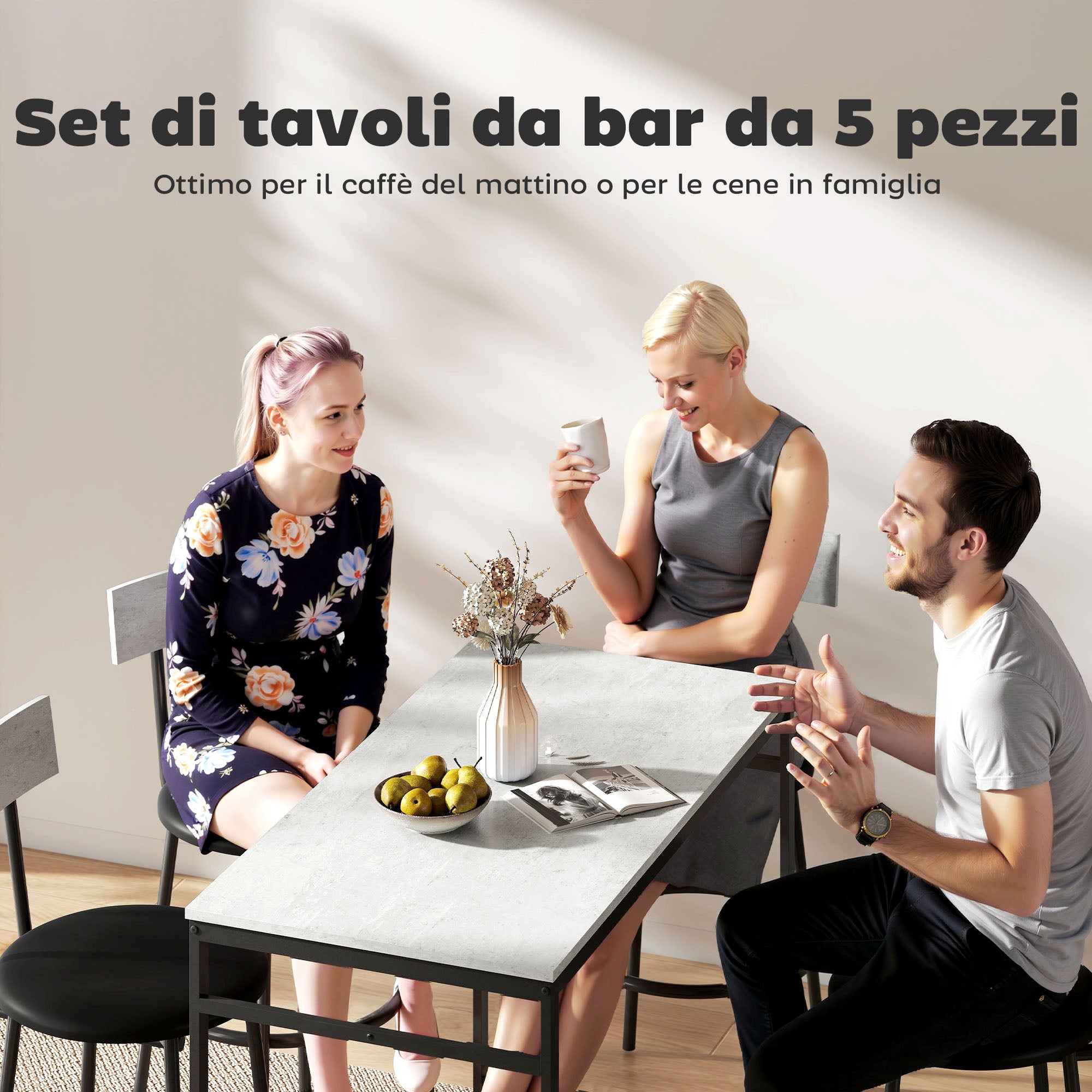 Set Tavolo Alto e 4 Sgabelli da Bar in Stile Industriale in MDF e Acciaio Grigio Cemento