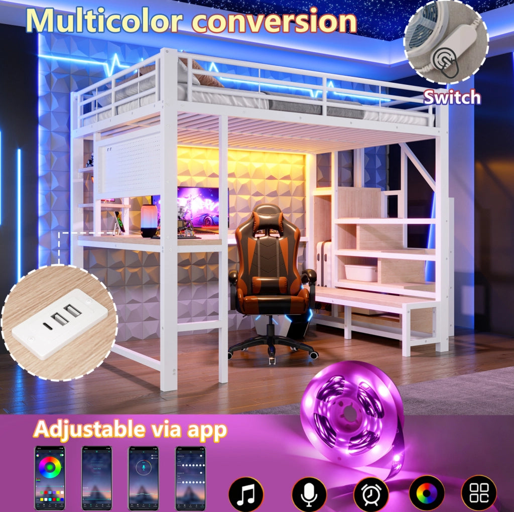 Letto a soppalco ULEVR 140x200 cm con scrivania, LED, USB e USB-C, ripiani e scala contenitore, bianco