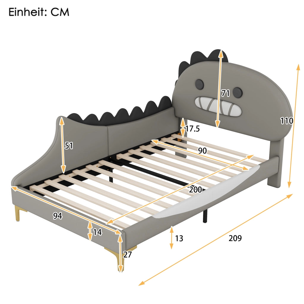 Letto basso per bambini dinosauri in PU grigio 90x200 cm