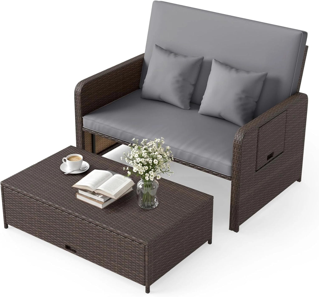 Lettino Prendisole in Rattan, Set 2 Pezzi con Divanetto & Pouf Contenitore, Schienale Regolabile a 4 Livelli e Tavolini Laterali Pieghevoli, Sdraio Doppia per Giardino e Piscina (Bianco)