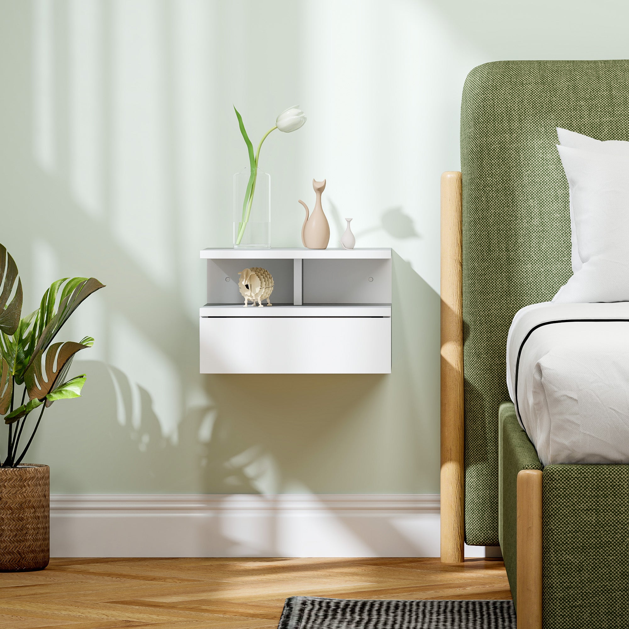 Comodino Sospeso per Camera da Letto 35x32x22,5 cm con Cassetto in Legno Bianco