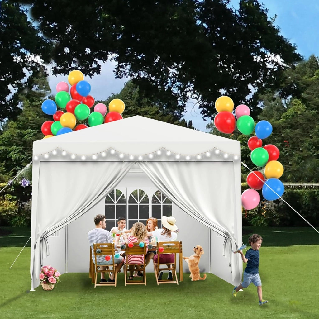 Gazebo Esterno Resistente da Giardino 3 x 3 m con Pannelli Laterali e Finestre in Poliestere Gazebi Tendone per Feste Protezione UV Impermeabile Tenda per Esterni, Bianco