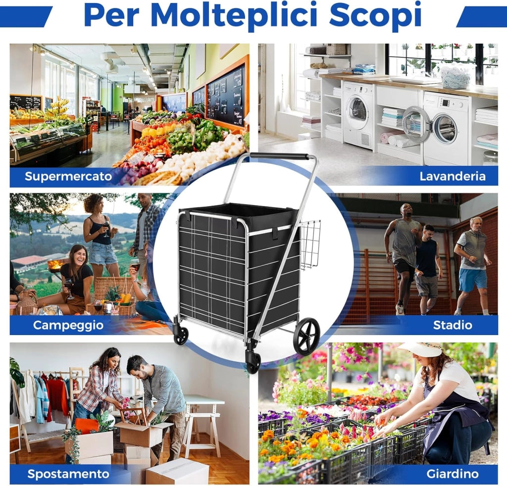 Carrello Portaspesa Pieghevole con Sacca, Carrello della Spesa Pieghevole con Ruote Girevoli a 360°, 2 Cesti, Capacità di Carico: 150 kg, 126 L, 66 x 64 x 103 cm (Argento)