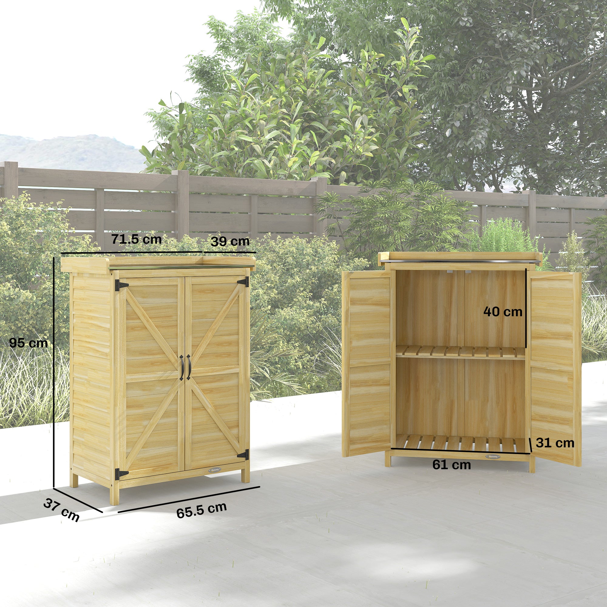 Armadio da Giardino 71.5x39x95 cm con Piano in Acciaio Ripiani e Ganci in Legno