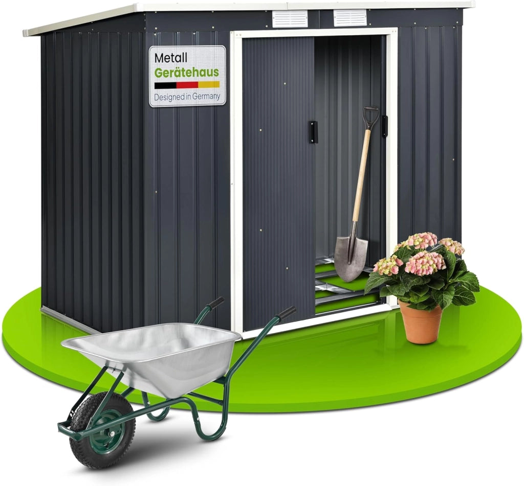 Casetta per attrezzi in metallo M 4 m³ con tetto a uno spiovente, porta scorrevole e fondamenta - 213 × 130 × 173 cm - antracite - Capanno per attrezzi in acciaio Casetta da giardino