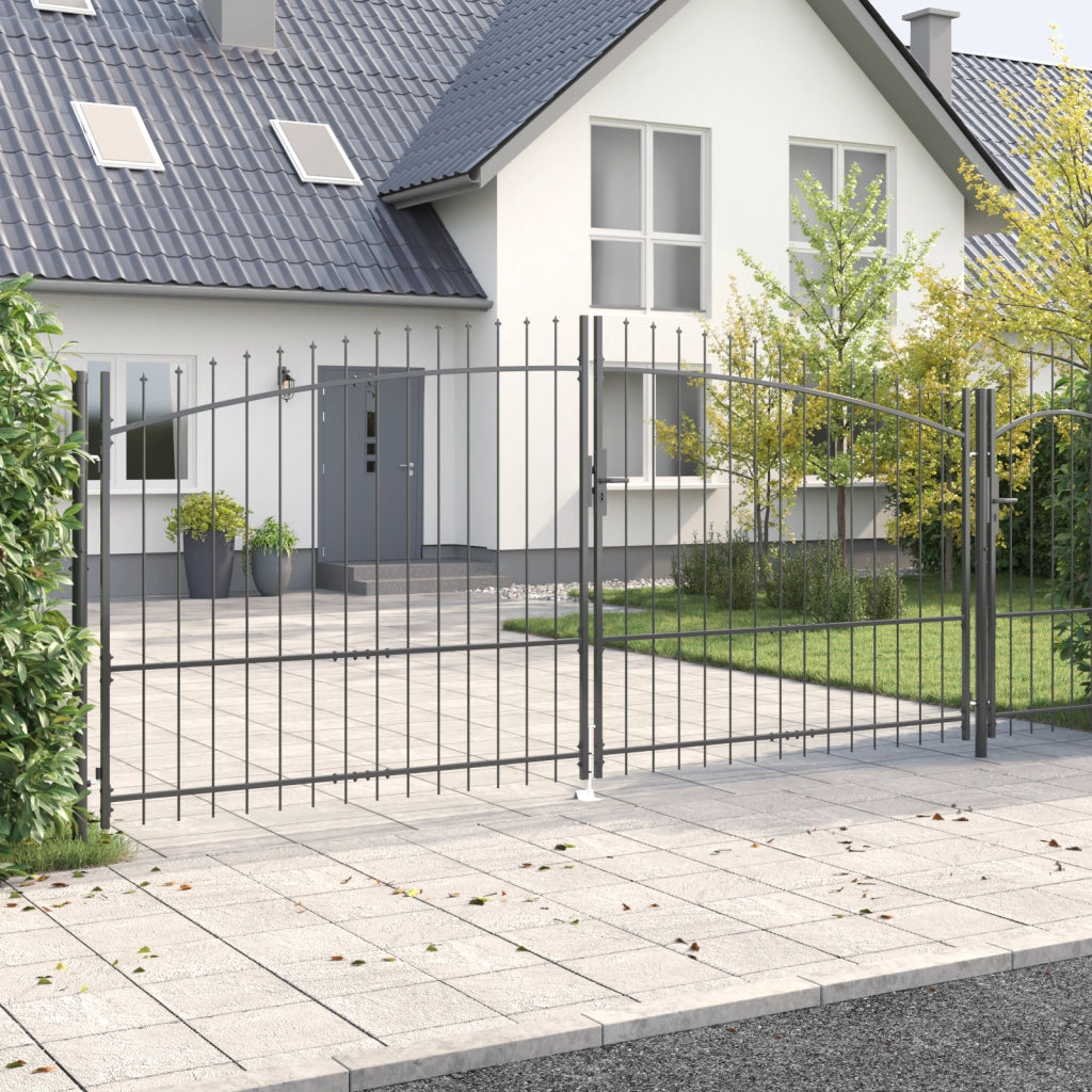 Cancello da Giardino con Punta a Lancia Doppio Battente Grigio 175x400 cm Acciaio
