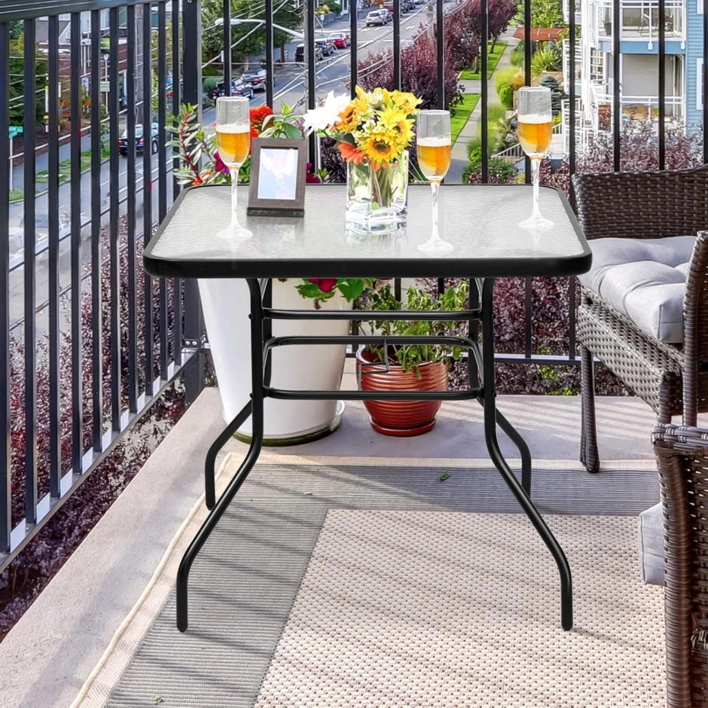 Tavolino in Vetro, con Foro di 40 mm per Ombrellone, 2 Anelli di Fissaggio, Tavolino Multiuso da Esterno, Giardino, Cortile, Balcone, Portata di 80 kg, 81x81x71 cm (Quadrato)