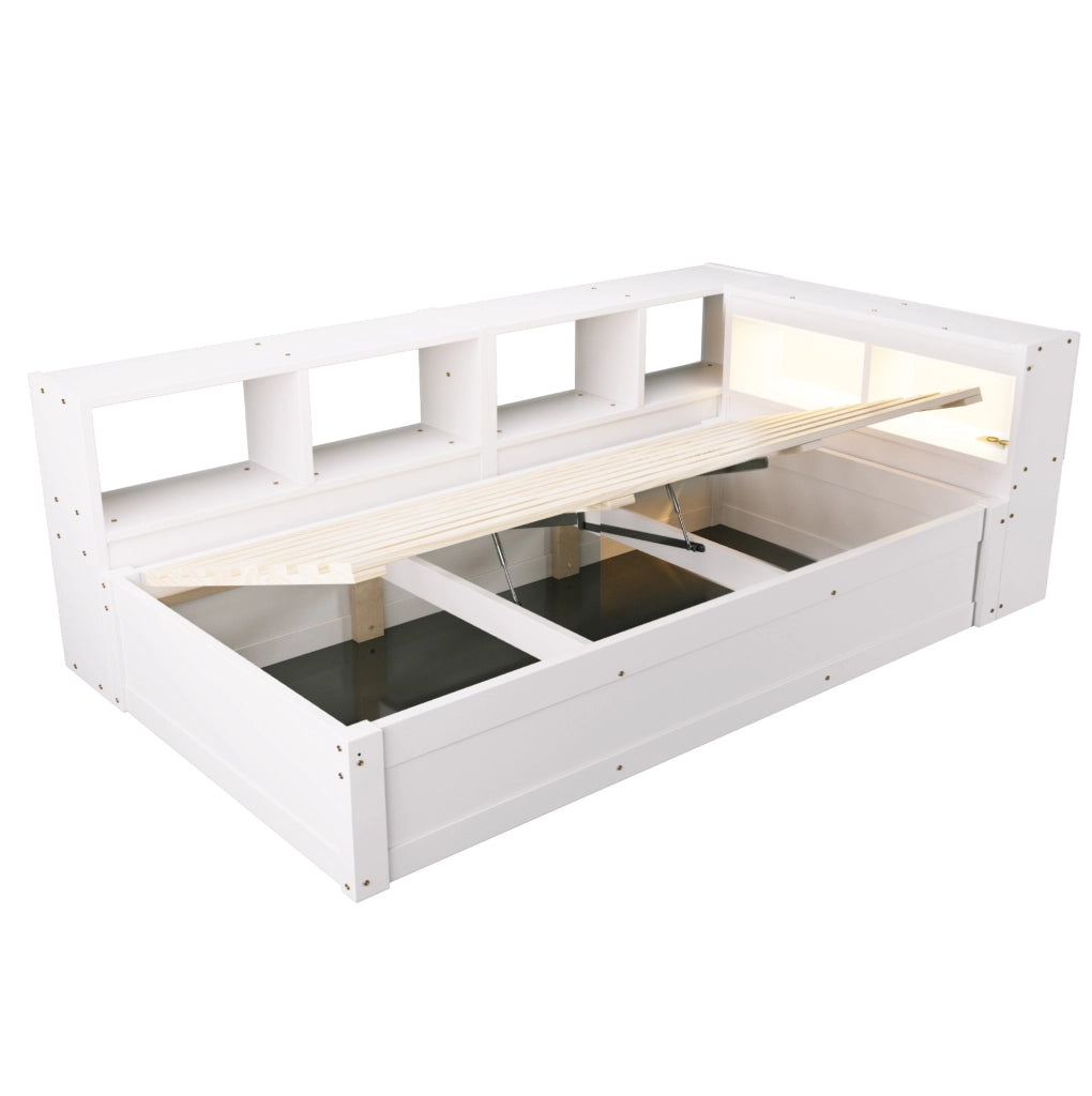 Letto multifunzione 90x200 cm in MDF bianco con presa integrata; luci LED e contenitore