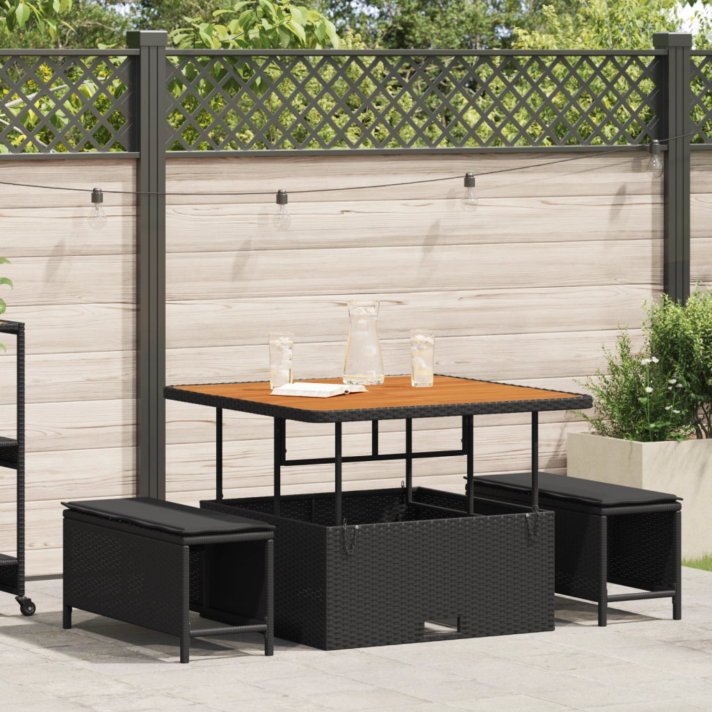 Set da pranzo da giardino in 3 pezzi con cuscini neri in polyrattan e acacia