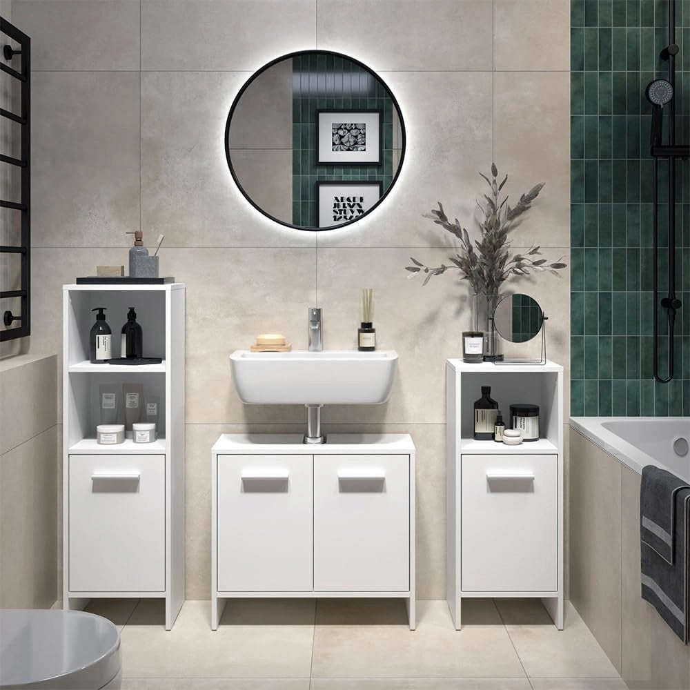 Set di mobili da bagno Karli, Bianco, 63.8 cm, composto da mobile sottolavabo, specchiera e colonna alta