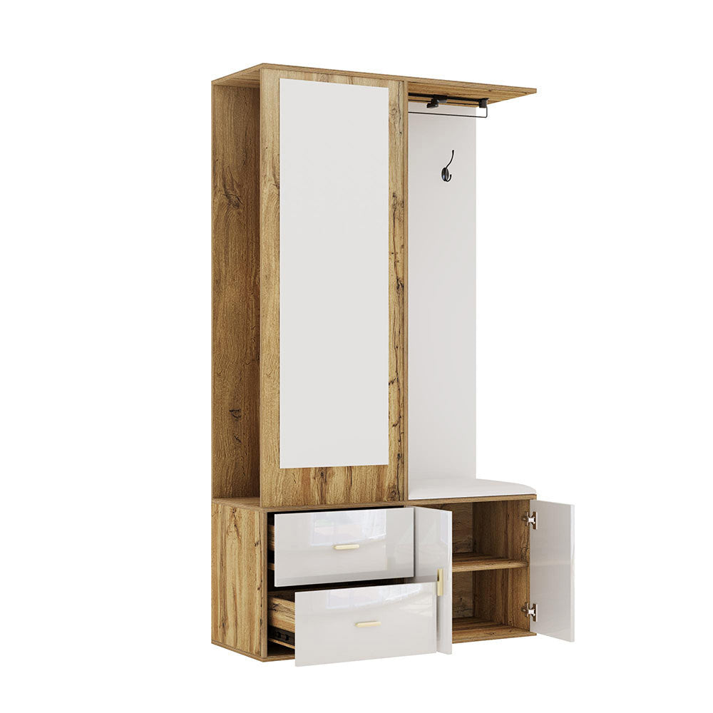 Armadio guardaroba completo - Xylo - Bianco e legno - Specchio, scarpiere, panca e appendiabiti scorrevole