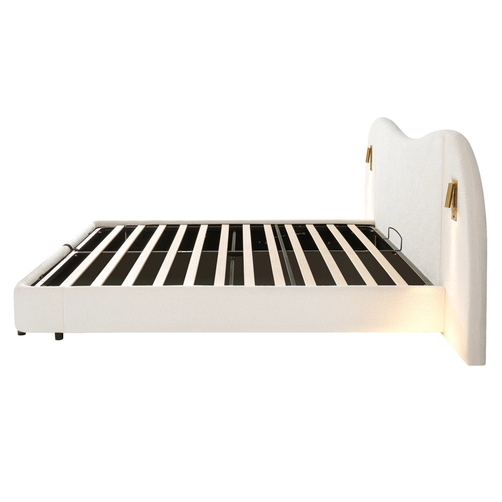 Letto Imbottito Contenitore Matrimoniale con USB ¨C MINIMAL ¨C Bianco Boucl¨¦ 180x200