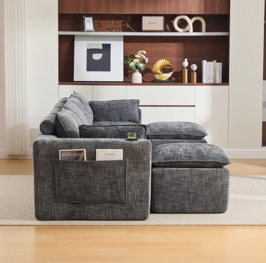 Divano modulare componibile 322x161x75 cm in chenille grigio scuro; con tasche laterali e cuscini