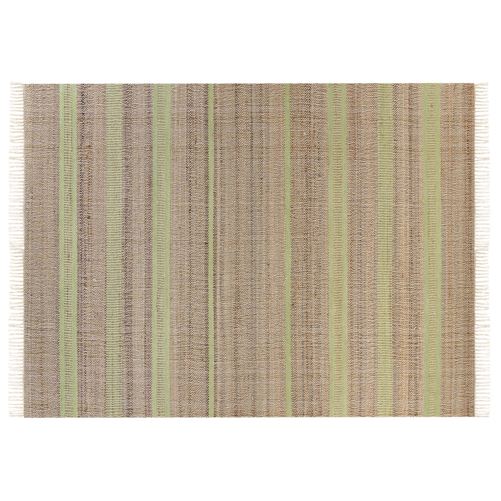 Tappeto in iuta beige e verde chiaro con motivo a righe e nappe 160 x 230 cm soggiorno camera da letto stile boho