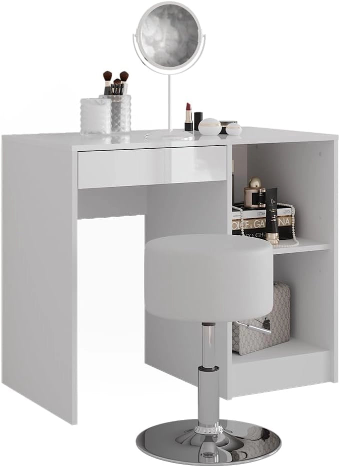 Tavolo da toeletta Sherry, Bianco/bianco lucido, 89.8 cm con sgabello