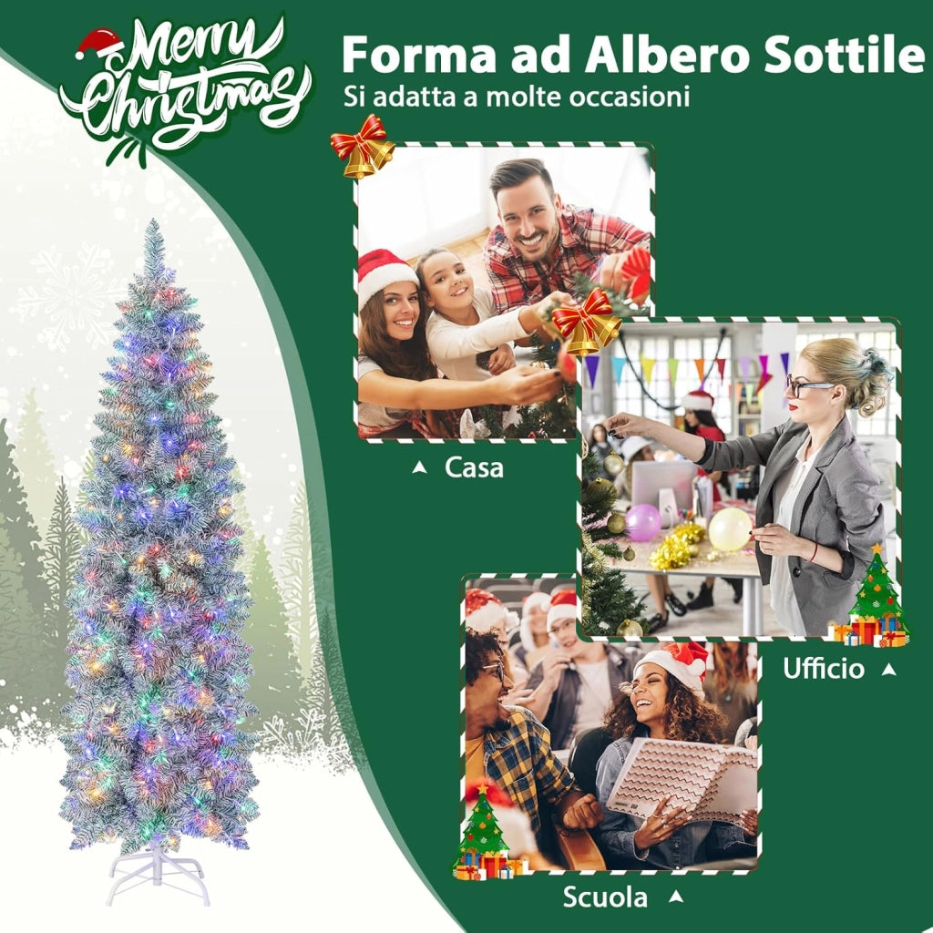 Albero di Natale Slim 150/180 cm, Albero con 190/250 Luci LED Colorate, Base in Metallo Pieghevole, Per Casa e Ufficio (180 cm)