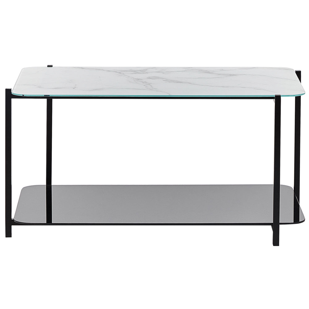 Tavolino Bianco e Vetro Acciaio Nero 77 x 47 cm Rettangolare Piano in Vetro Temperato Effetto Marmo Glam Modern