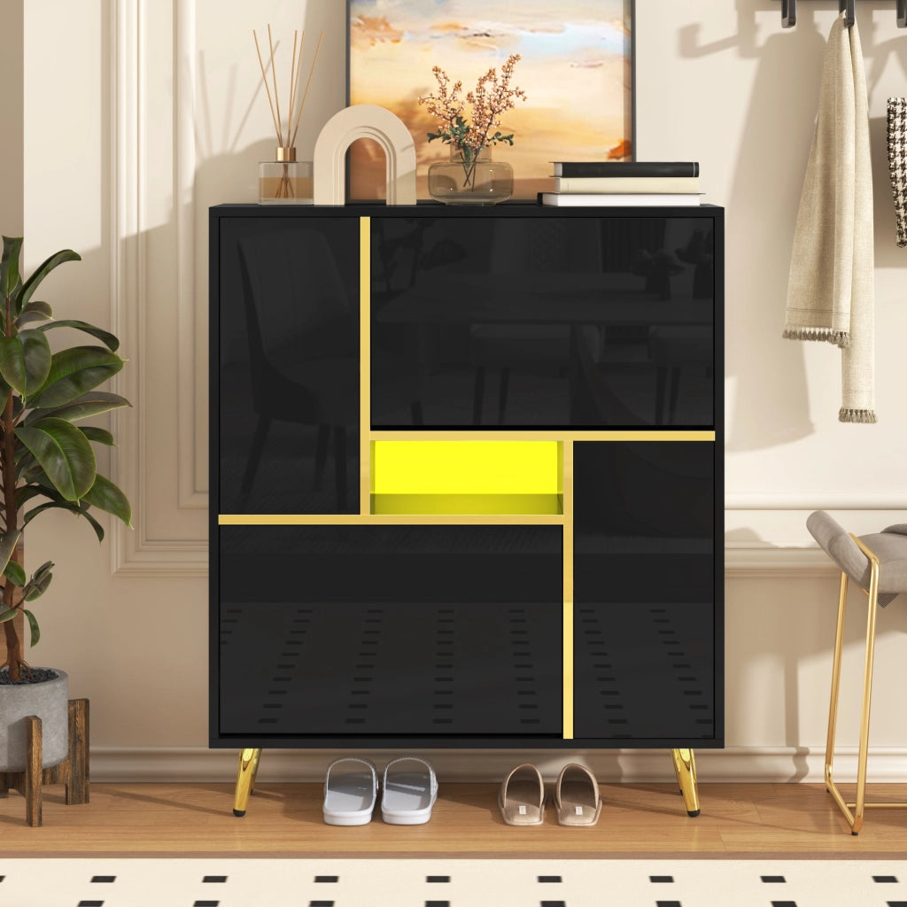 Mobile Scarpiera con 2 Ante e Ripiani Regolabili; LED 16 Colori; Frontale Lucido; Nero; in Pannelli di Particelle; 80×25×96 cm