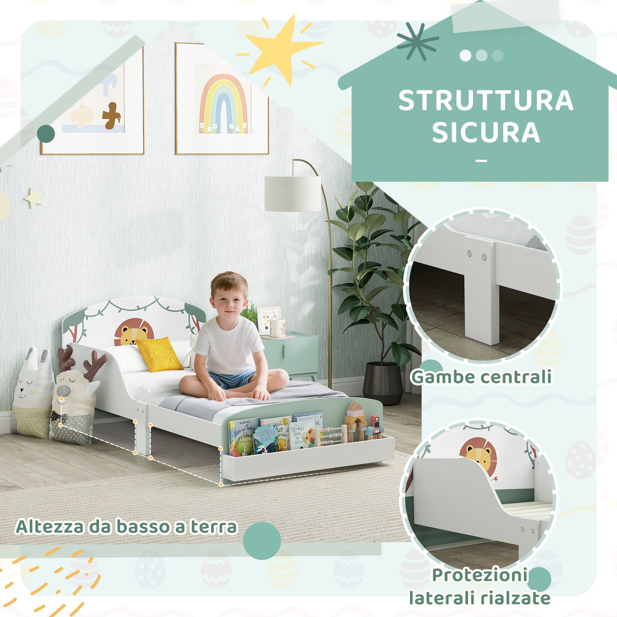 Letto Basso per Bambini 3-8 Anni 150x77x60 cm con Spazio Contenitore e Sponde Laterali in MDF Verde