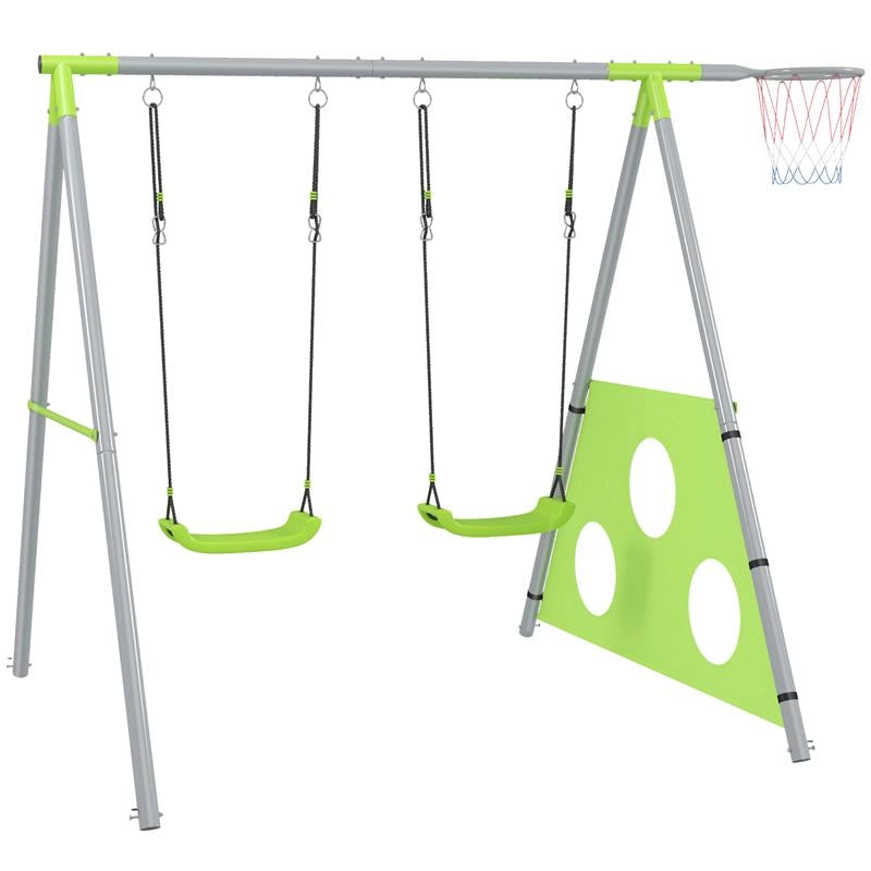 GIOCO PER BAMBINI 3 IN 1 CON ALTALENA DA GIARDINO CANESTRO E PORTA DA CALCIO 238X180X182 CM VERDE E GRIGIO