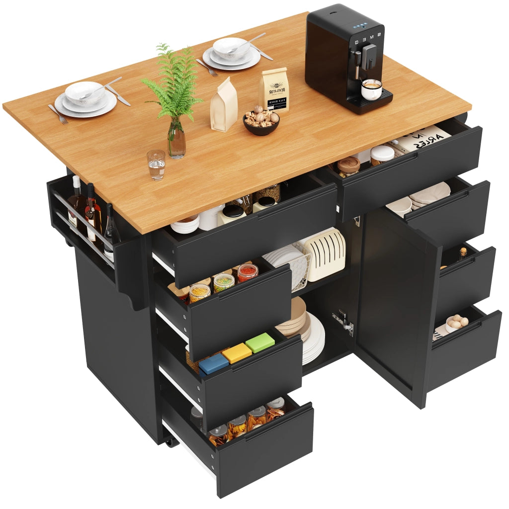 OKWISH Carrello da Cucina con 8 Cassetti, 1 Anta, Ripiano Regolabile, Piano Pieghevole e Ruote, MDF, Nero, 122 x 46 x 91.5 cm
