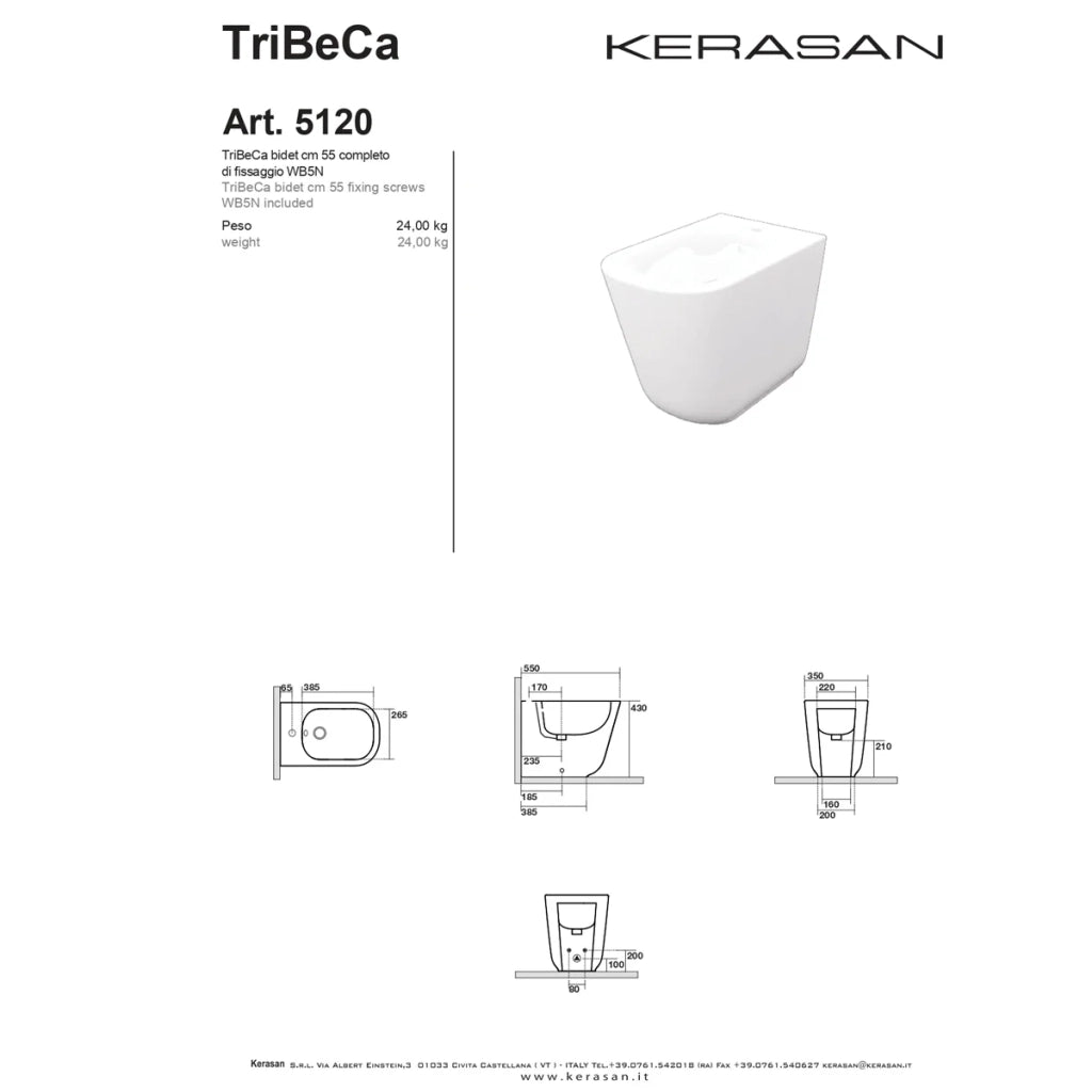 Coppia Di Sanitari Kerasan Da Terra Filo Muro Senza Brida Bianco Lucido "Tribeca"