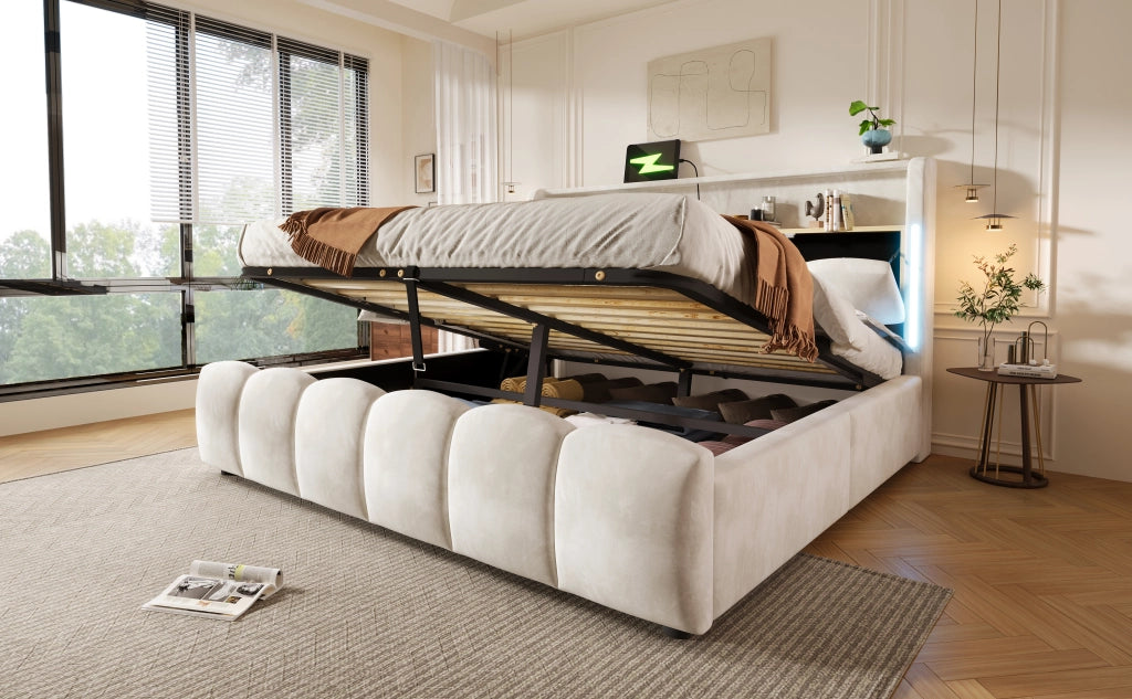 Letto contenitore 180 × 200 cm con LED, vano testiera, USB e Type-C, senza materasso, in velluto beige