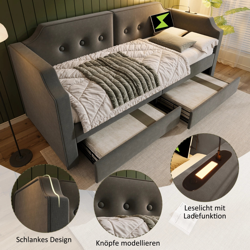 LETTO 90x200 cm in velluto grigio con 2 cassetti, USB Type-C e lampada da lettura