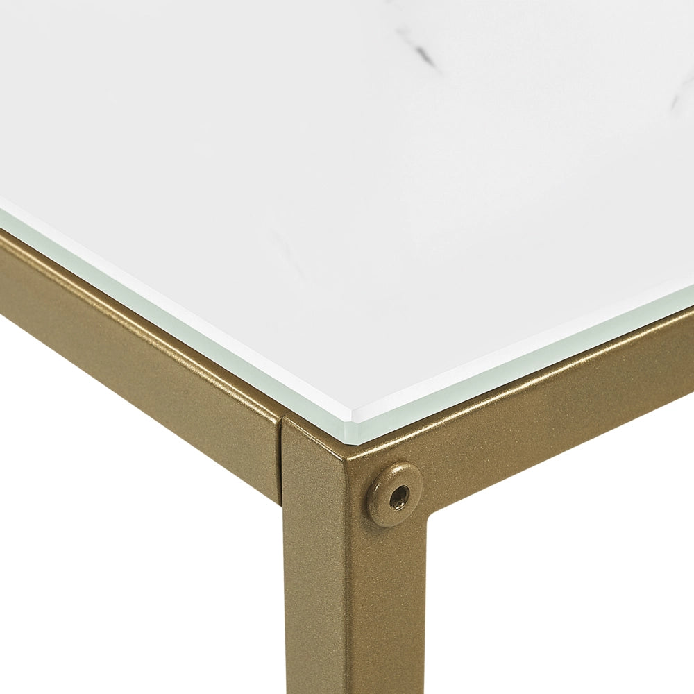 Consolle Effetto Marmo Bianco Piano In Vetro Temperato Base In Metallo dorato Glam Moderno Soggiorno Camera Da Letto Corridoio