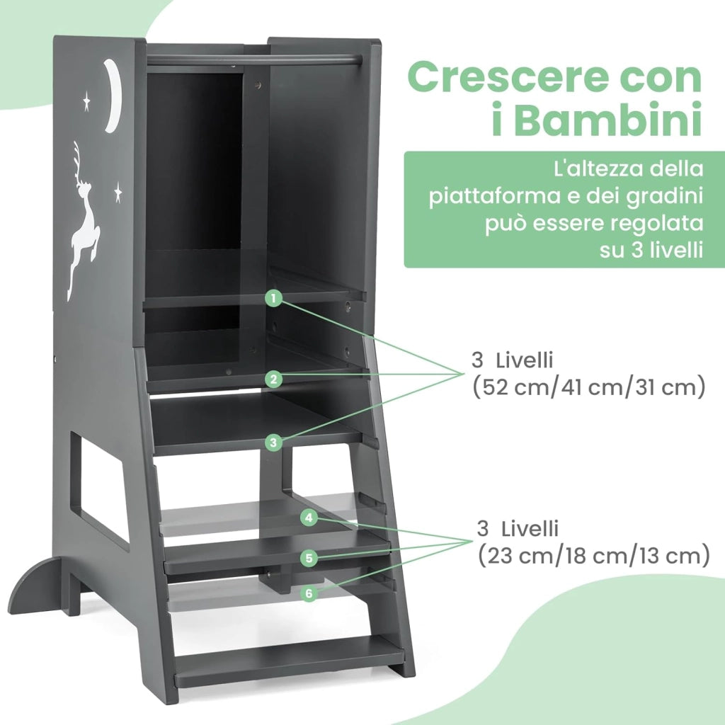 Torre per Bambini 2 in 1, Sgabello da Cucina per Bambini con 3 Penne, Lavagna Bianca e Nera, Piattaforma e Gradino Regolabili, per Bambini da 1 a 7 Anni, Capacità di Carico 70 kg (Grigio)