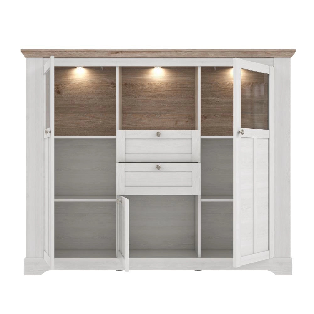 Credenza Forma 3 Ante con Vetro Temperato e Luci LED Rovere Bianco Neve e Olmo Scuro – Design Luminoso