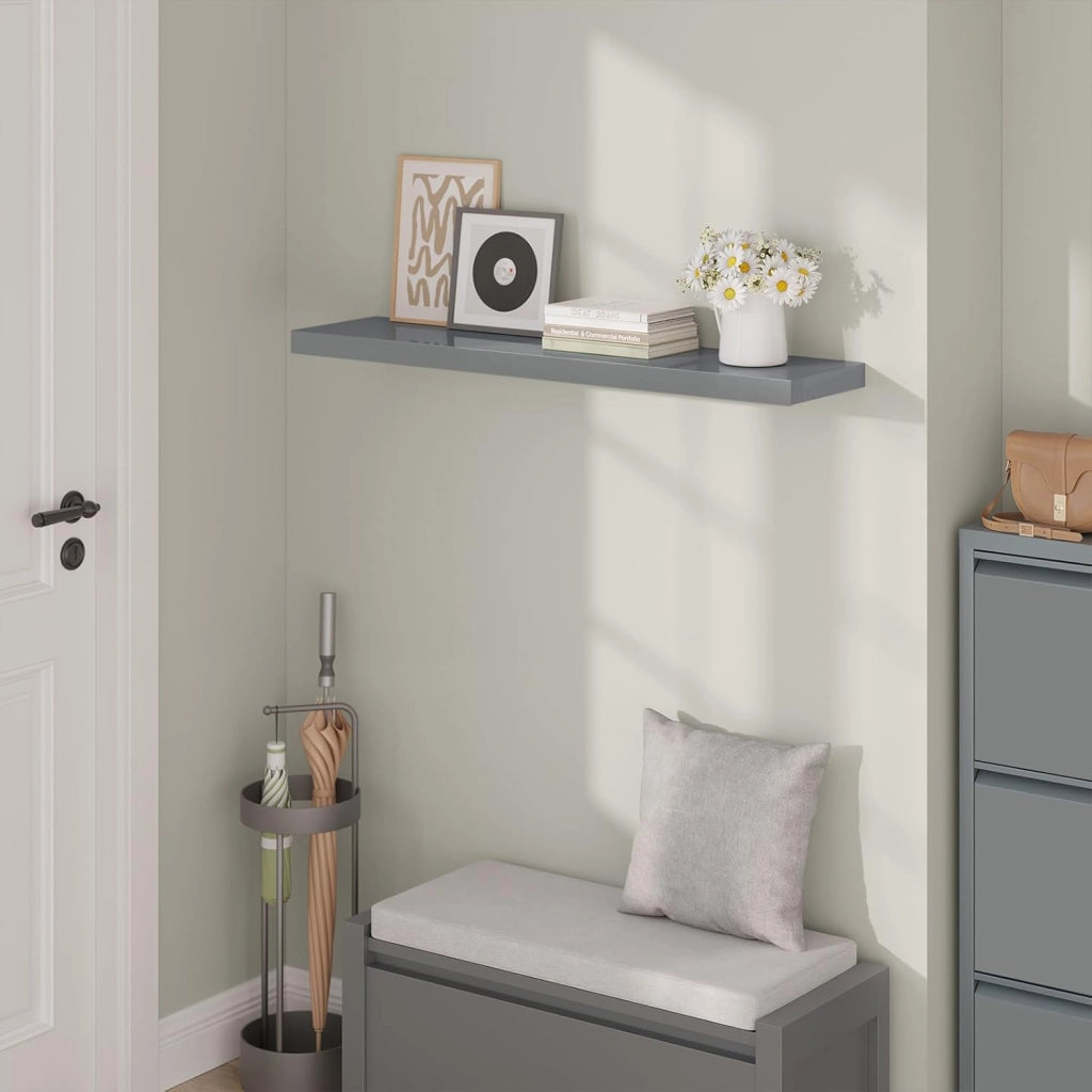 Mensola da Muro, Set di 2, Scaffale Sospeso da Parete Libreria Piccola per Soggiorno Cameretta Porta CD DVD, Pannello MDF 100x22,9x3,8cm, Grigio Lucido, RG9482gr-2