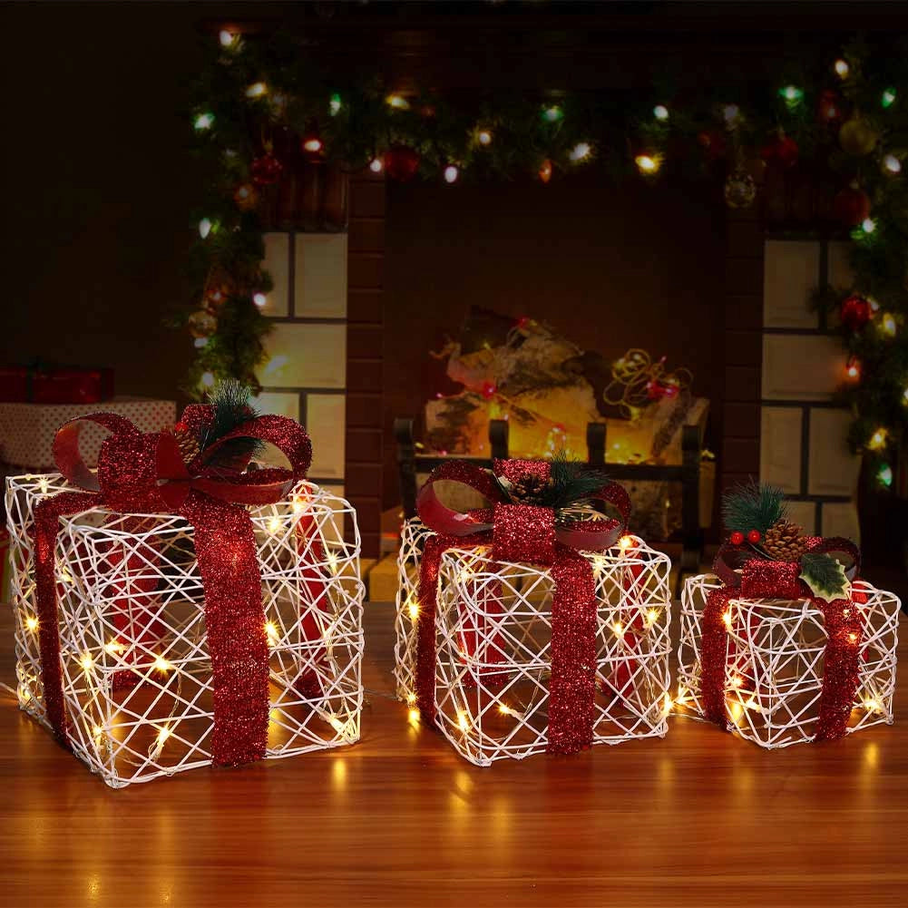 Set 3 Pacchetti Pacchi Regalo Luminosi di Natale Decorazione Interni ed Esterni