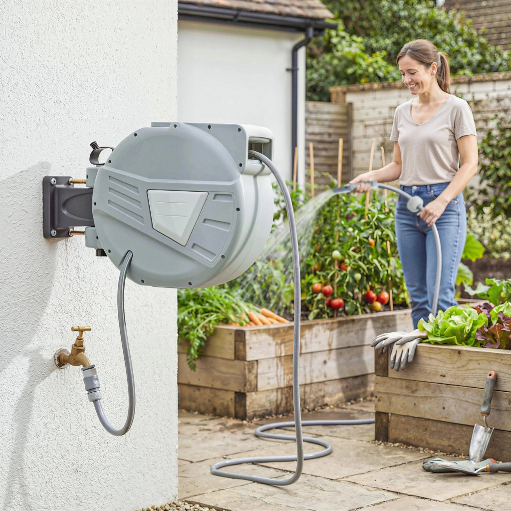 Avvolgitubo Murale Automatico Giardino 20m ¨C Xylo ¨C Grigio ? 15mm Rotazione 180¡ã