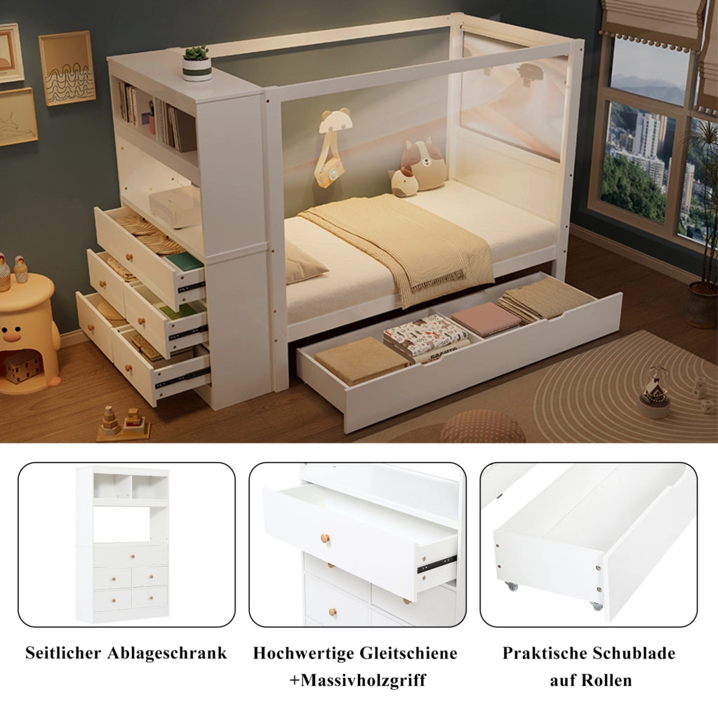 Letto singolo per bambini 90x200 cm con contenitore, bianco