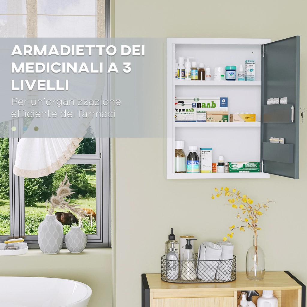 Armadietto Medicinali con 3 Ripiani e Blocco con Chiavi in Acciaio, 40x15x53.5cm, Bianco e Grigio
