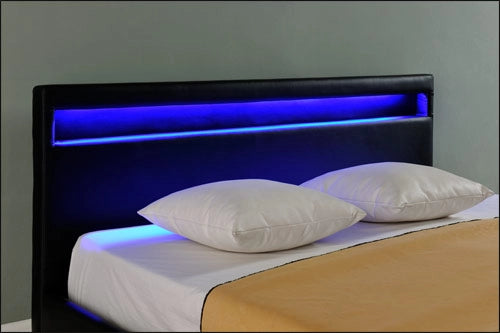 Letto Matrimoniale Imbottito 160x200 cm Testiera Alta con Illuminazione a LED Similpelle - Nero Corium
