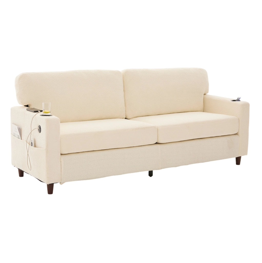 Divano 2 posti in ciniglia beige con LED, USB-C e portabevande