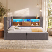 Letto singolo 90x200 cm in lino grigio con LED, USB-C/USB-A, contenitore idraulico e materasso incluso