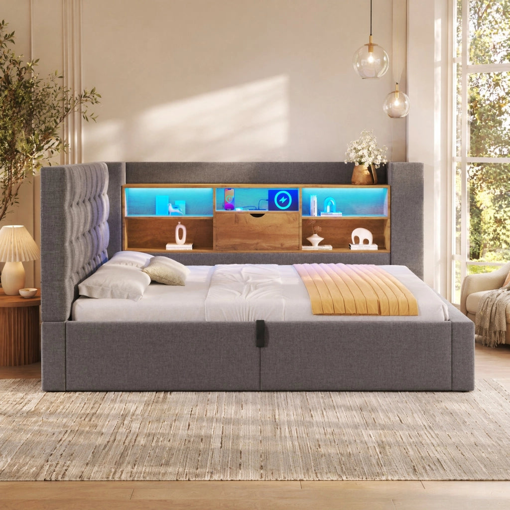 Letto singolo 90x200 cm in lino grigio con LED, USB-C/USB-A, contenitore idraulico e materasso incluso