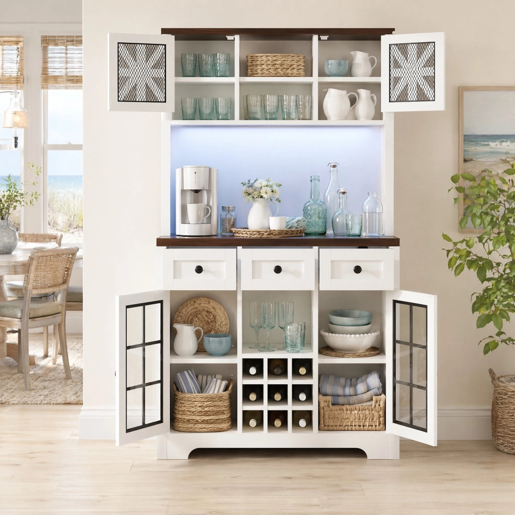 Armadio alto da cucina bianco con LED smart e portabottiglie