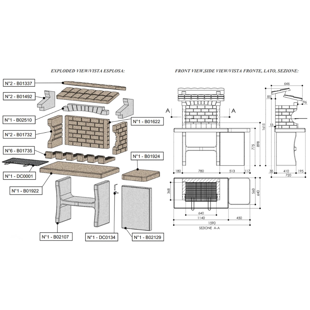 Sarom barbecue luxor 159 x 72 x 161,5 cm pietra ricostruita con tavolo laterale