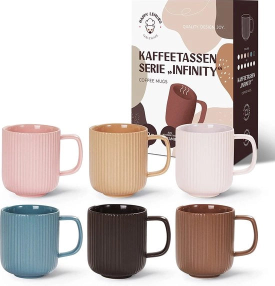 Set di 6 tazze in ceramica, grandi tazze da caffè, 420 ml, tazze da caffè in inchiostro pastello, giallo, verde e blu, tazze da caffè artigianali, tazze da caffè in design scandinavo (mix)