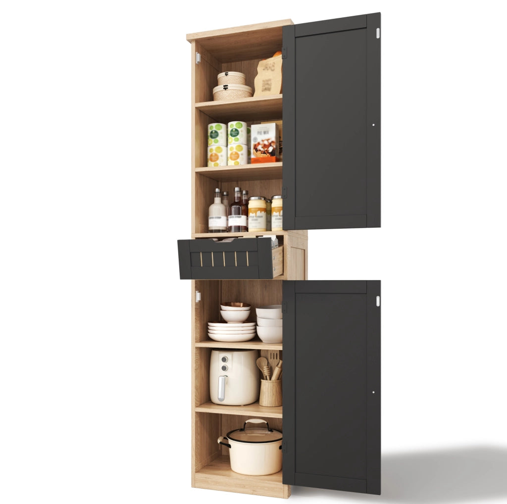 Credenza da cucina 170x40x30 cm in MDF naturale e nero; con 4 ripiani regolabili