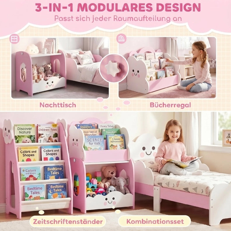 Libreria per bambini 3 in 1 con porta libri, vano contenitore e design rosa