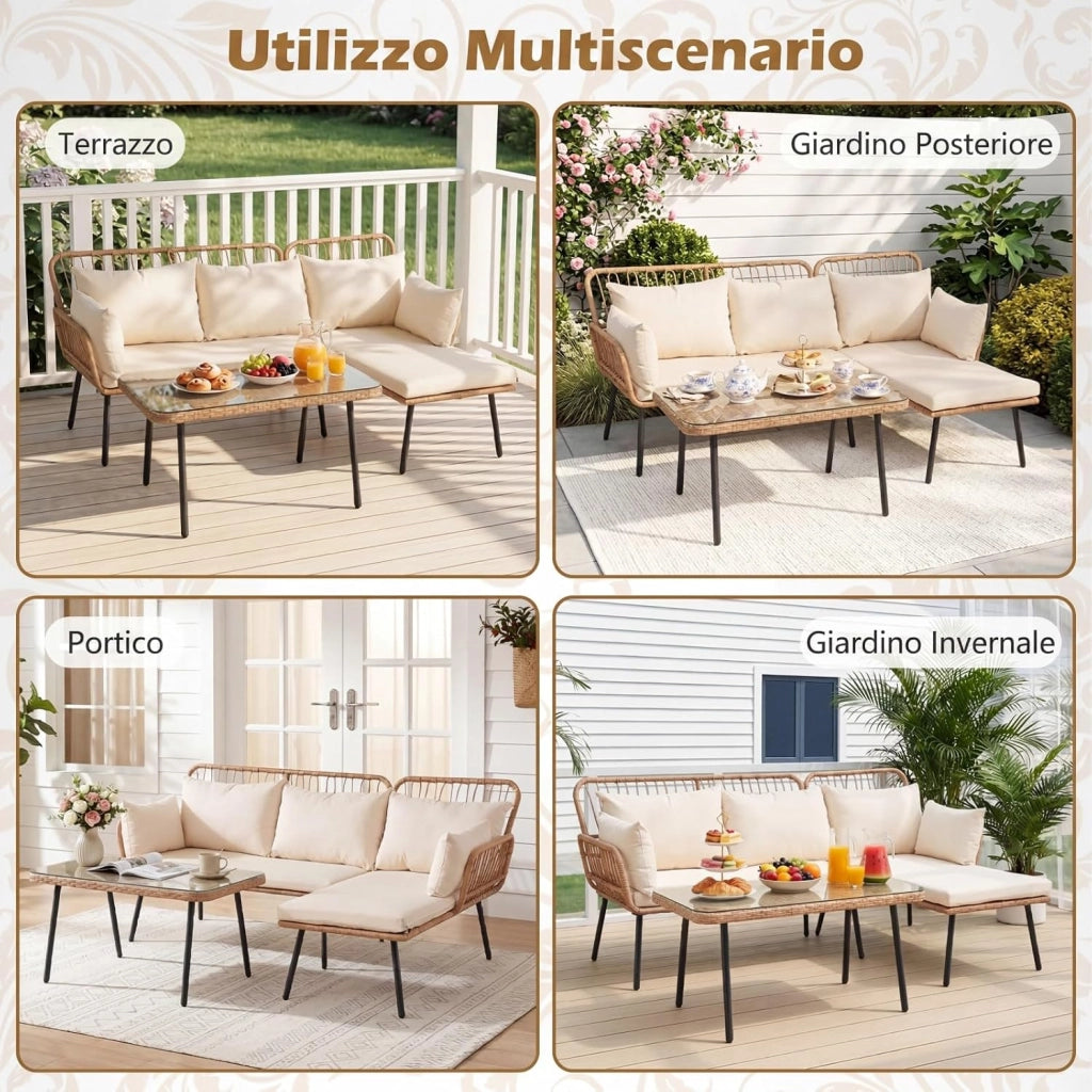Set di 3 Pezzi Mobili da Giardino, 2 Divani in PE Rattan con Cuscini Imbottiti, Tavolino da Caffè Rotondo con Piano in Vetro Temperato, Facile da Pulire, per Cortile, Terrazza e Balcone