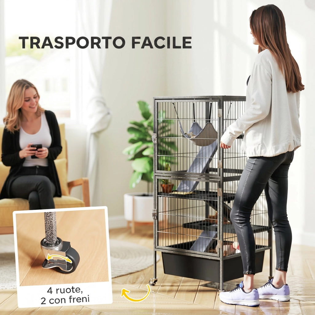 Gabbia per Piccoli Animali a Livelli con Rampe e Ruote ¨C zephmum ¨C Grigio 52x52x115 cm